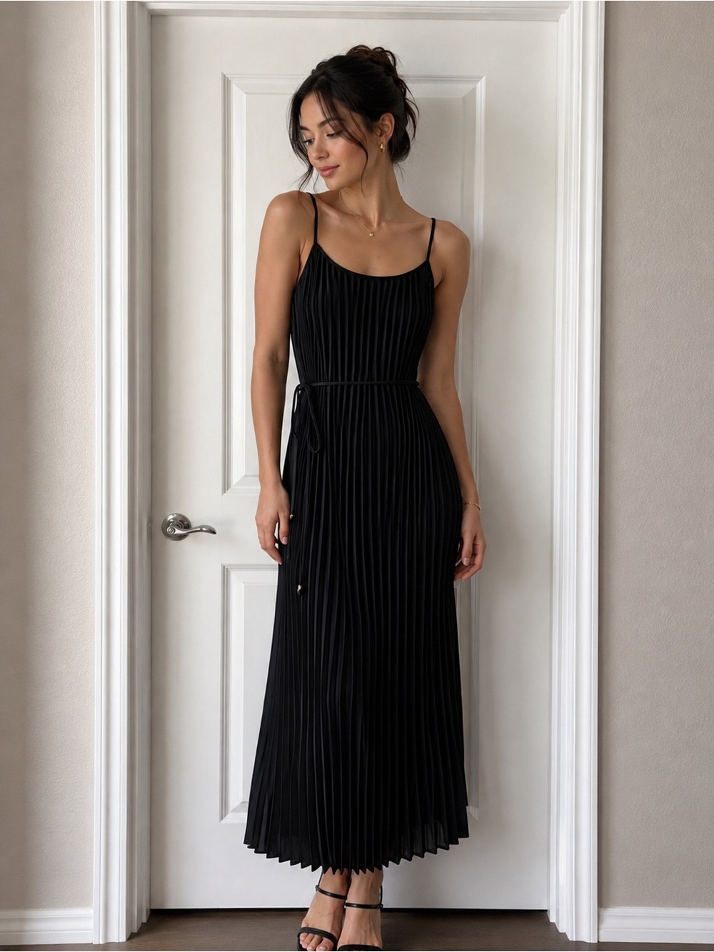 Sam Edelman Black Pleated Maxi Dress with Waist Tie